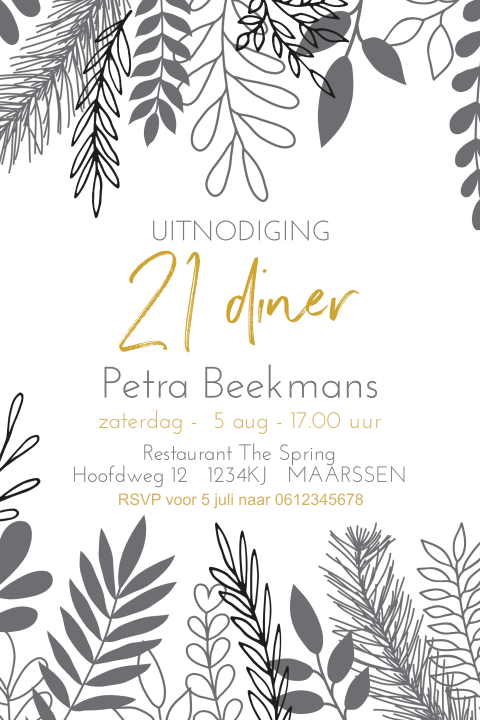 Uitnodiging voor een 21 diner met takjes in zwart wit