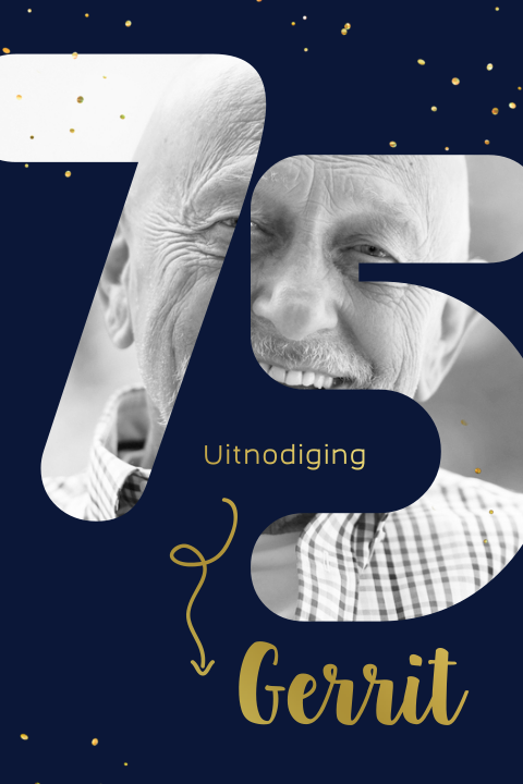 Uitnodiging 75 jaar verjaardag met foto op donkerblauw