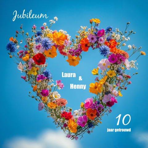 Trendy jubileumkaart 10 jaar getrouwd met bloemenhart
