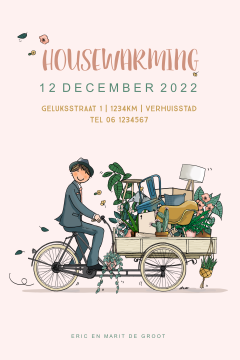Uitnodiging housewarming met bakfiets vol planten