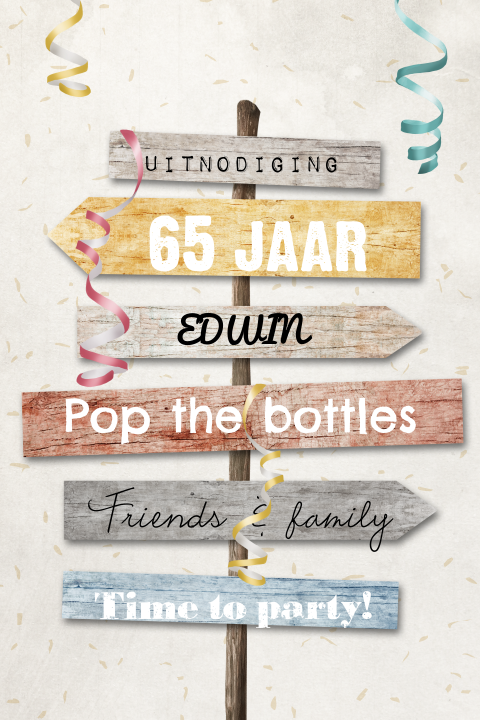 Uitnodiging verjaardag 65 jaar met vrolijke wegwijzer