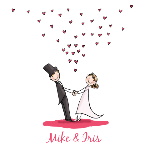 Grappige huwelijkskaart met bruidspaar met hartjes