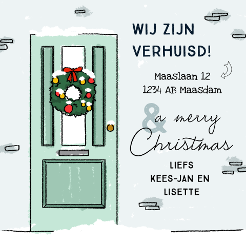 Kerst verhuiskaart met een deur en kerstkrans