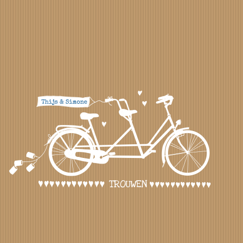 Hippe trouwkaart met fiets en naam vlaggetje