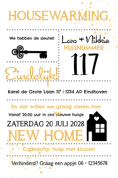 Uitnodiging housewarming met veel vrolijke lettertypes in goud