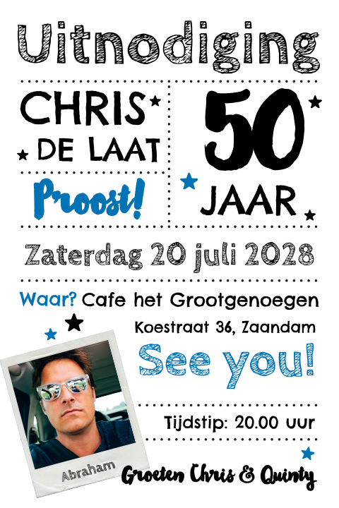 Uitnodiging Abraham met veel vrolijke lettertypes