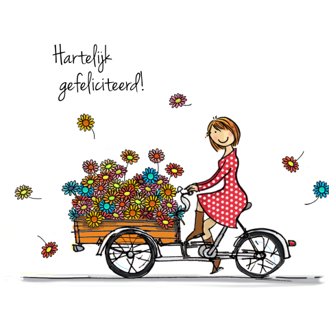 Verjaardagskaart met bakfiets en bloemen