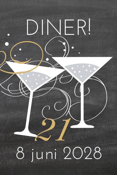 Uitnodigingskaart krijtbord champagneglazen voor 21 diner