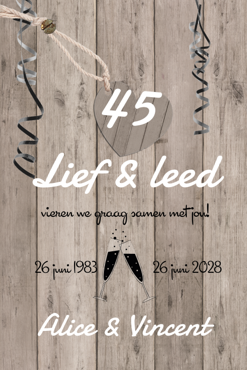  45 jaar getrouwd uitnodiging met hout, foto en ringen