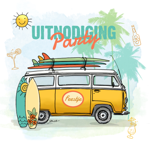 Uitnodiging tropical party met surfplanken en palmbomen