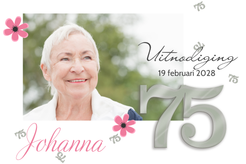 Uitnodiging 75 jaar met zilver, bloemen en foto