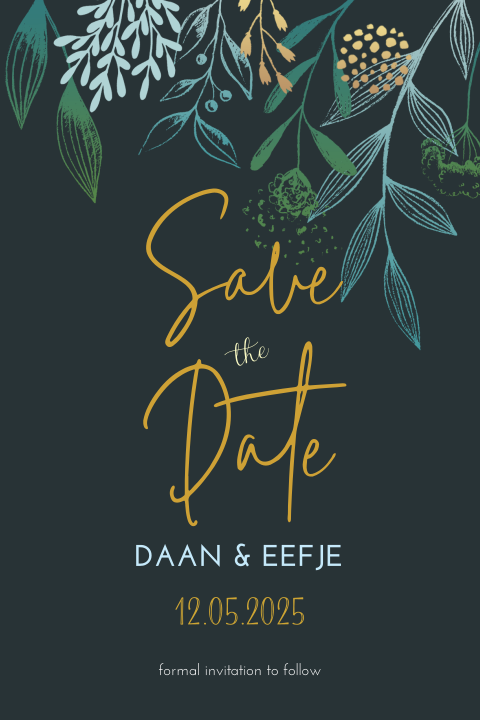 Save the Date kaart in botanische stijl en turquoise kleuren