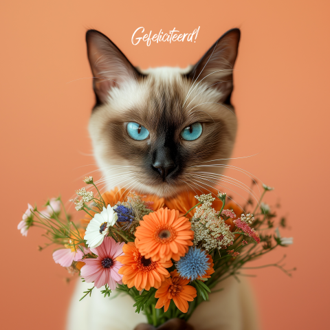 Poes met bloemen - gefeliciteerd