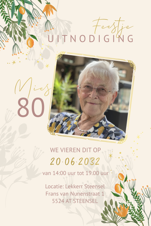 Uitnodiging 80e verjaardag botanisch met foto en goudfolie
