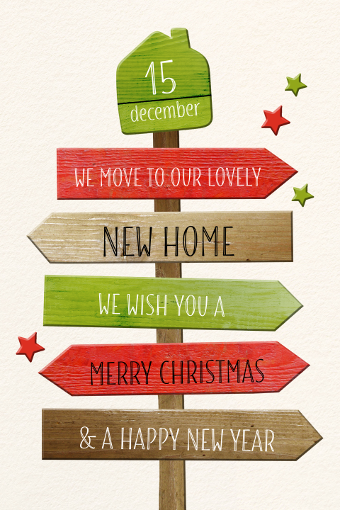 Kerst verhuiskaart met wegwijzer hout