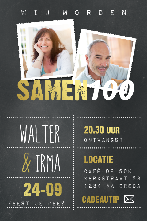 Uitnodiging samen 100 verjaardag met foto en krijtbord