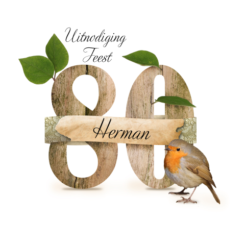 Uitnodiging 80 jaar met houten letters en vogeltje