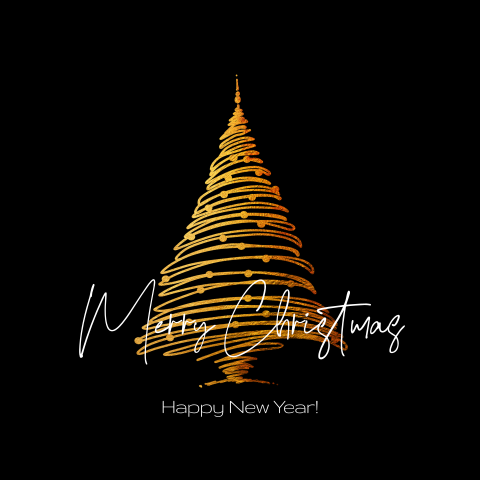Kerstkaart met gouden kerstboom en kerstballen