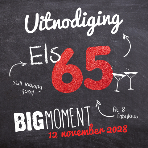 Uitnodiging 65 jaar met krijtbord en rode glitter