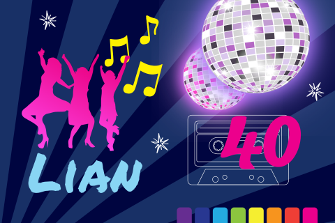 Uitnodiging 80s style feest voor een 40 jarige met discobollen