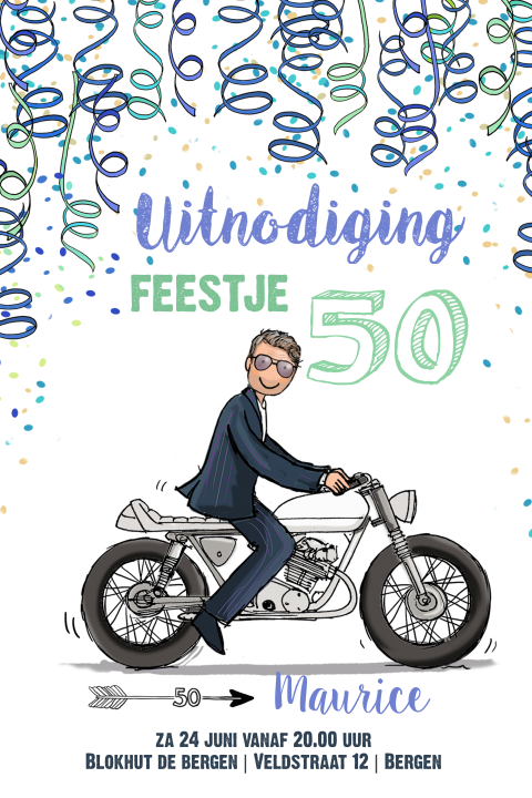 Uitnodigingskaart vijftig man op motor en confetti