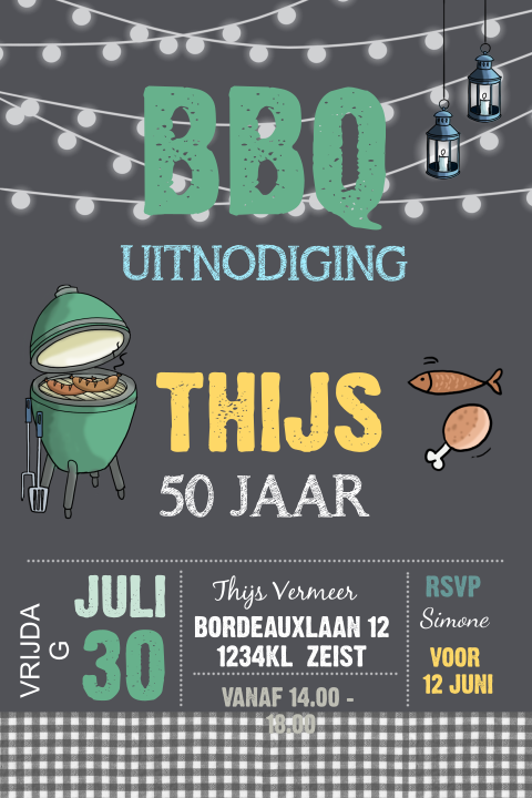 Stoere uitnodiging bbq met lichtjes en illustraties