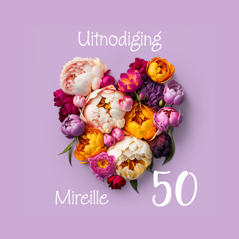 Uitnodiging verjaardag 50 hart bloemen achtergrondkleur aanpasbaar