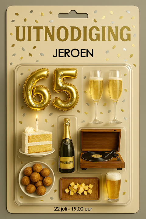 Uitnodiging 65 verjaardag trendy blister pak