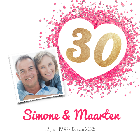 Uitnodiging 30 jaar getrouwd met roze hart en gouden 30
