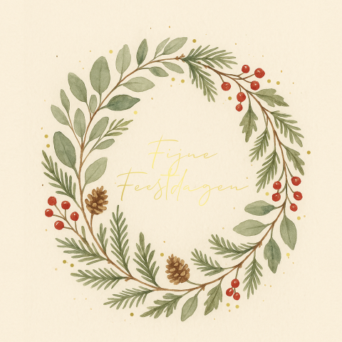 Klassieke kerstkaart met botanische details en goudfolie