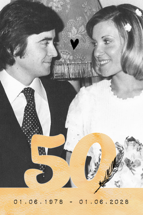 Uitnodiging 50jarig jubileum met goud en persoonlijke foto