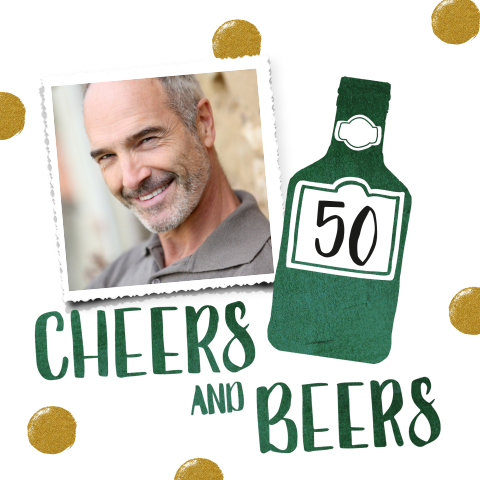 Uitnodiging vijftig jaar met foto goud en groene fles
