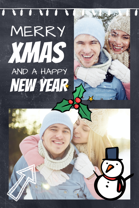 Kerstkaart met krijtbord fotolijst en kersttakje