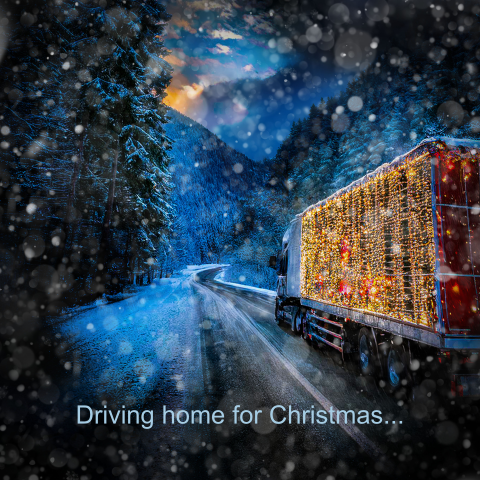 Kerstkaart vrachtwagen onderweg