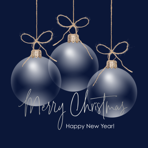 Kerstkaart doorzichtige kerstballen goud