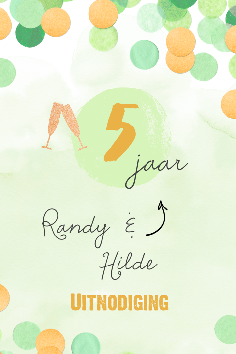 Uitnodiging 5 jaar getrouwd met groen en oranje confetti