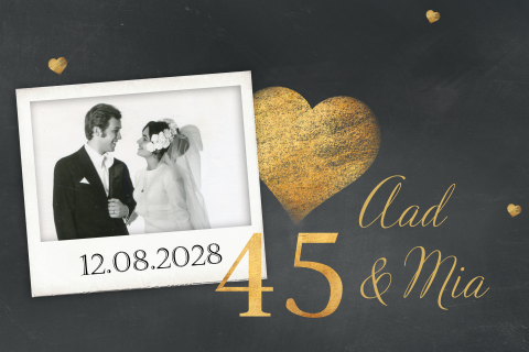 Uitnodiging 45 jaar getrouwd met gouden hart en foto