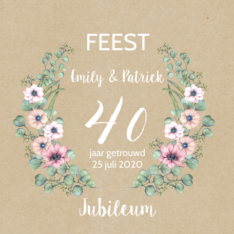 Huwelijksjubileum 40 jaar uitnodiging met krans op kraft