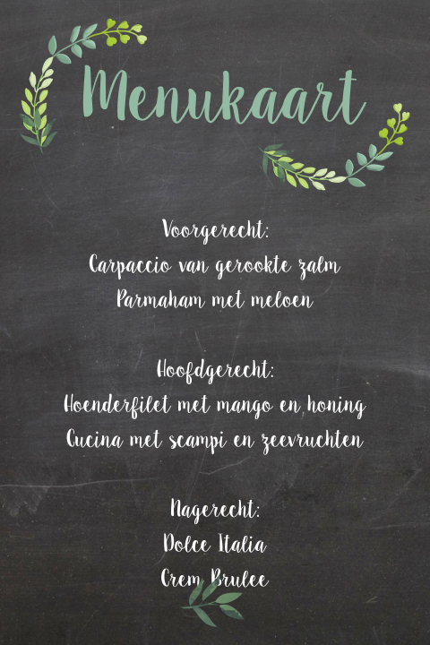 Menukaart op krijtbord met groene tak