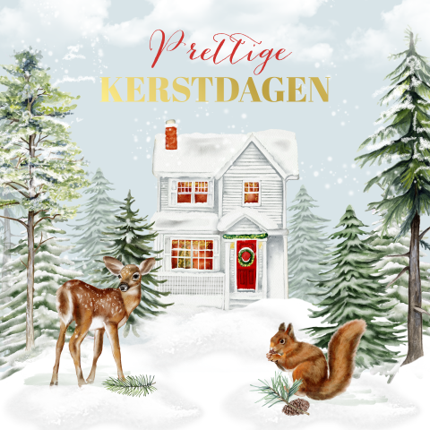 Kerstkaart huisje in de sneeuw met hertje en eekhoorn