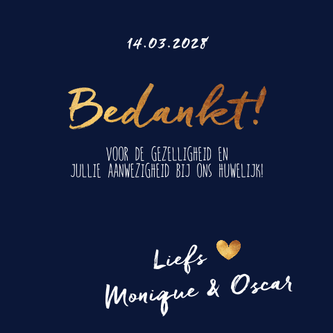 Bedankkaart voor jullie bruiloft met gouden letters