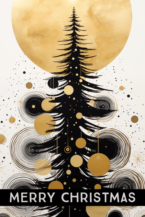 Grafische Kerstkaart zwarte kerstboom met gouden cirkels