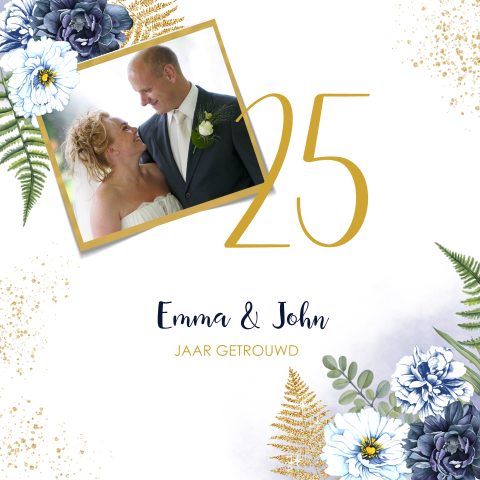 Uitnodiging 25 jaar getrouwd met bloemen en goudlook details