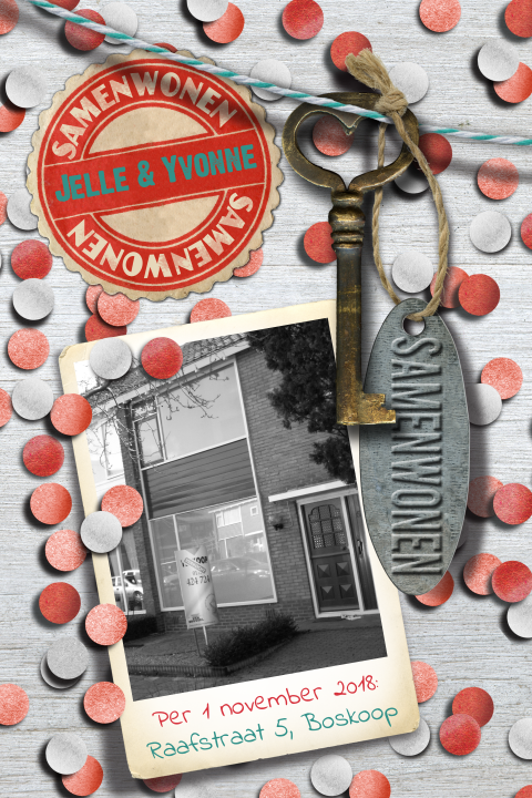 Vrolijk verhuisbericht met confetti en eigen foto