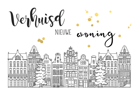 Kerst verhuiskaart met huisjes en dennenbomen