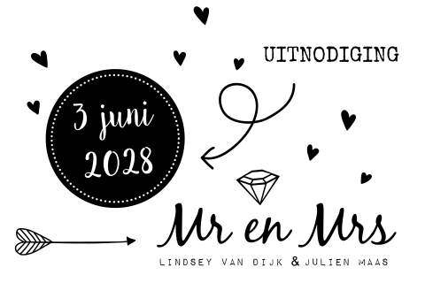 Trouwkaart Mr en Mrs in zwart wit stijl