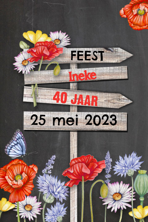 Mooie uitnodigingskaart met wegwijzer en veldbloemen