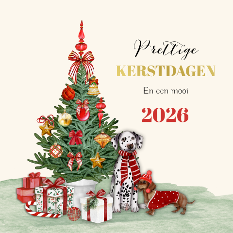 Kerstkaart met kerstboom en lieve hondjes