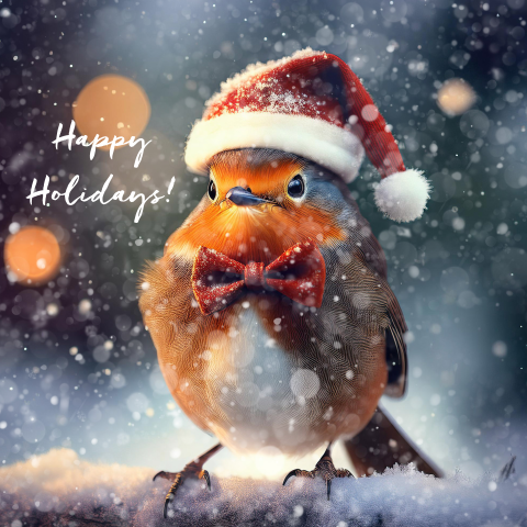 Kerstkaart roodborstje met strik en kerstmuts
