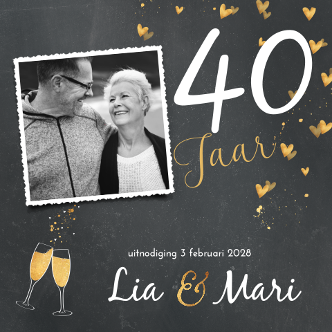 Uitnodiging 40 jaar getrouwd met hartjes en champagne